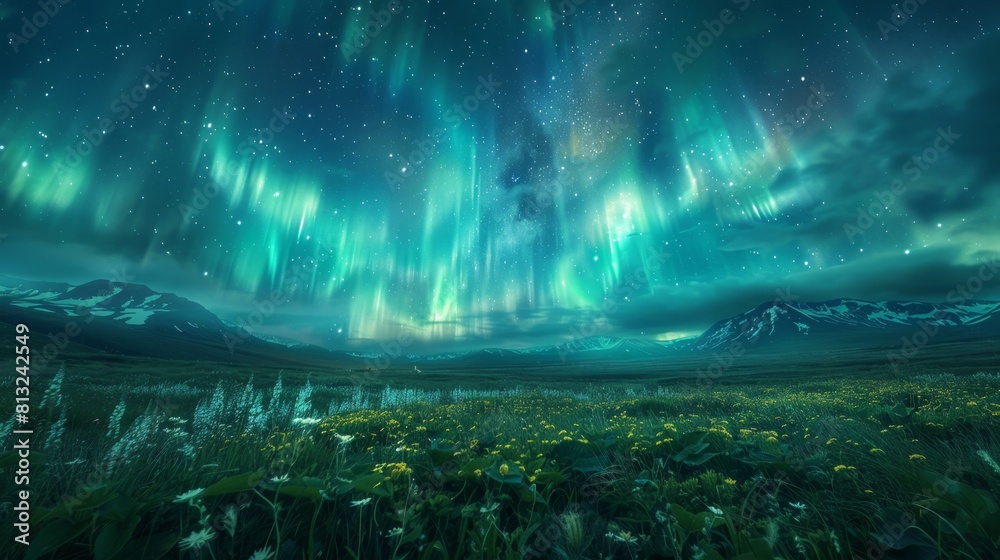 custom made wallpaper toronto digitalnorthern lights over meadow, captivating summer scene in the north: lush meadow under aurora borealis, a breathtaking display under the night sky