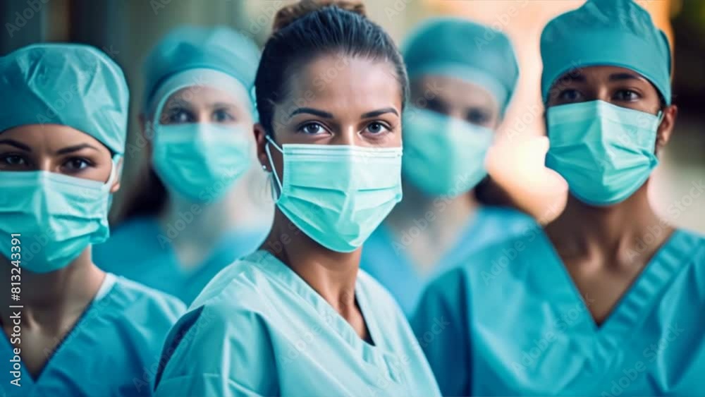 Surgeons in surgical masks operate on a patient in a bright hospital operating room