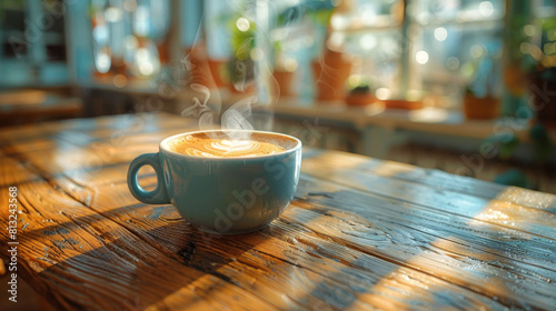 coffee shop atmosphere, freshly brewed coffee on a rustic table in a cozy coffee shop, creating a warm and welcoming atmosphere with aromatic steam photo
