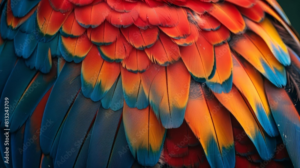 Obraz premium Imagine a closeup of a scarlet macaws vivid feathers, highlighting the intricate patterns and colors inside an aviary