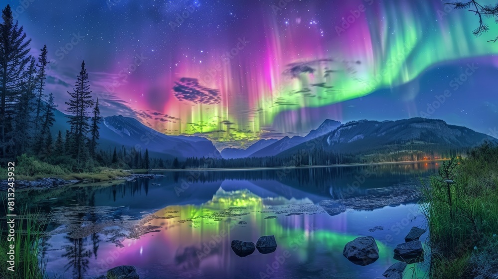 natural phenomena, summer night aglow with vivid green and purple aurora borealis, painting the sky in a mesmerizing spectacle