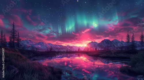 northern lights display  a serene arctic summer night  the captivating aurora borealis casting emerald and violet hues across the sky