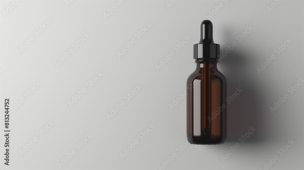 Amber glass dropper bottle with black cap pipette on plain background. 3D rendering Amber glass dropper bottle with black cap pipette on plain background. 3D rendering