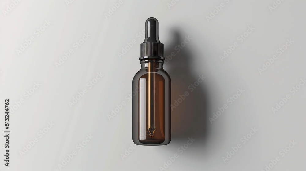 Amber glass dropper bottle with black cap pipette on plain background. 3D rendering