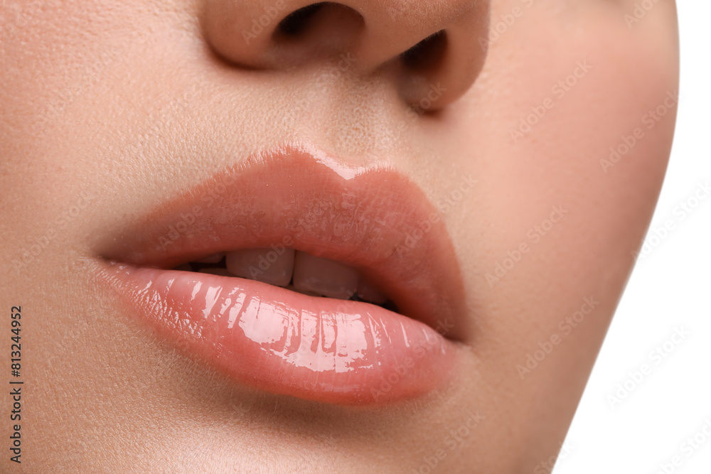 Fototapeta premium Woman wearing beautiful lip gloss on white background, closeup