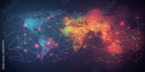 Abstract polygonal background with world map and connecting lines and dots