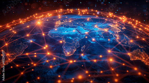 World map on a technological background, glowing lines symbols of the Internet, radio and satellite communications.