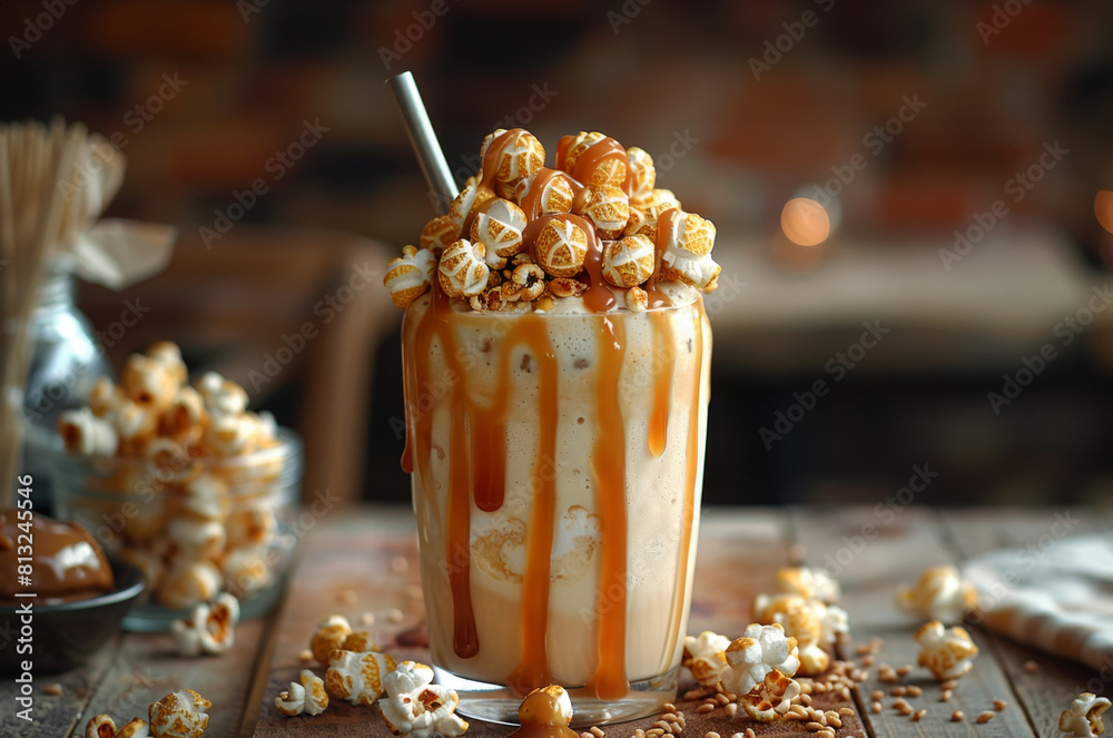 gourmet caramel milkshake, this milkshake, drizzled with caramel and topped with caramel popcorn, is a caramel lovers ultimate dream