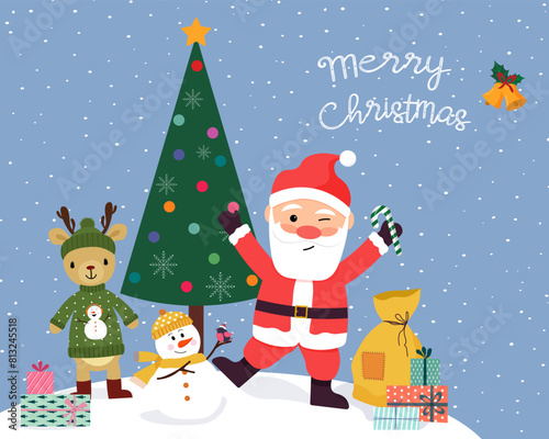 Card with Santa Claus, snowman and cute deer. A bag with presents. Holiday card template. Christmas and New Year. Vector. Cartoon characters.
