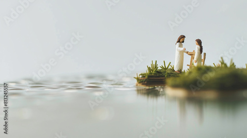 macro tilt-shift photography of tiny figures of Jesus' Baptism: John baptizes Jesus in the Jordan River, on white background, biblic moment depict photo