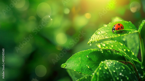 Ladybug on green leaf with morning dew drops and bokeh background, nature concept
