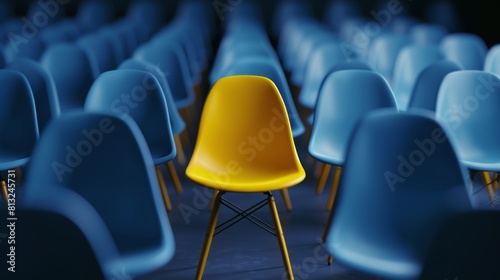 One yellow chair in the middle of many blue chairs, with a dark blue background.