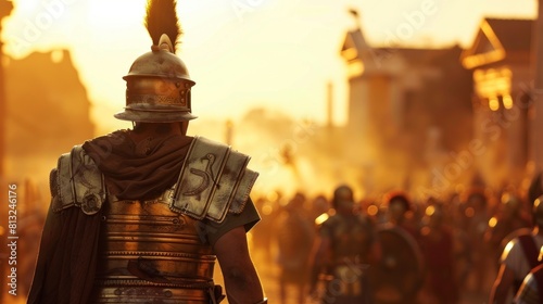 ancient roman soldier observing the city by day photo