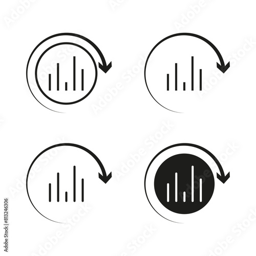 Market trend cycle icons. Financial downturn and recovery charts in circles. Economic indicators vector set. Black and white design.