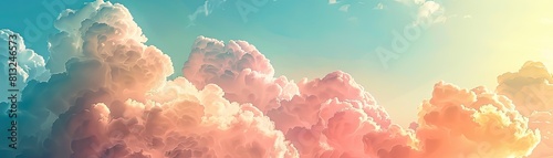 The sky background is abstract, featuring a colorful and kawaii cloudy design with a soft gradient pastel comic graphic photo