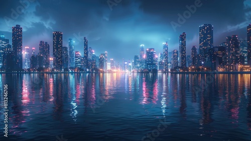 Wide shot of City at Night, water foreground, ultra realistic, hyperrealistic, night, vibrant