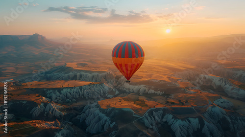 Amazing Panoramic view sunrise rocky landscape in Cappadocia with colorful hot air balloon deep canyons, valleys, Concept banner travel Turkey