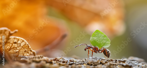 A macro shot of an ant carrying a green leaf, set against a natural background in warm colors.