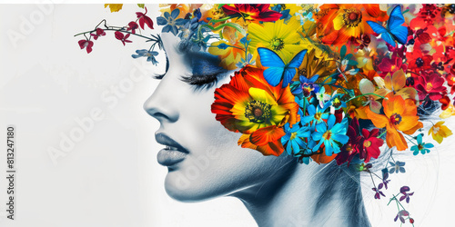 Colorful Surreal Portrait with Woman and Cascading Flowers © inspiring 