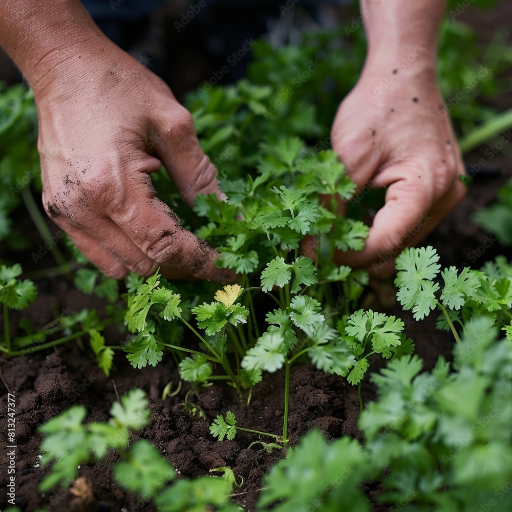 A person is planting cilantro in a garden A person is planting cilantro in a garden