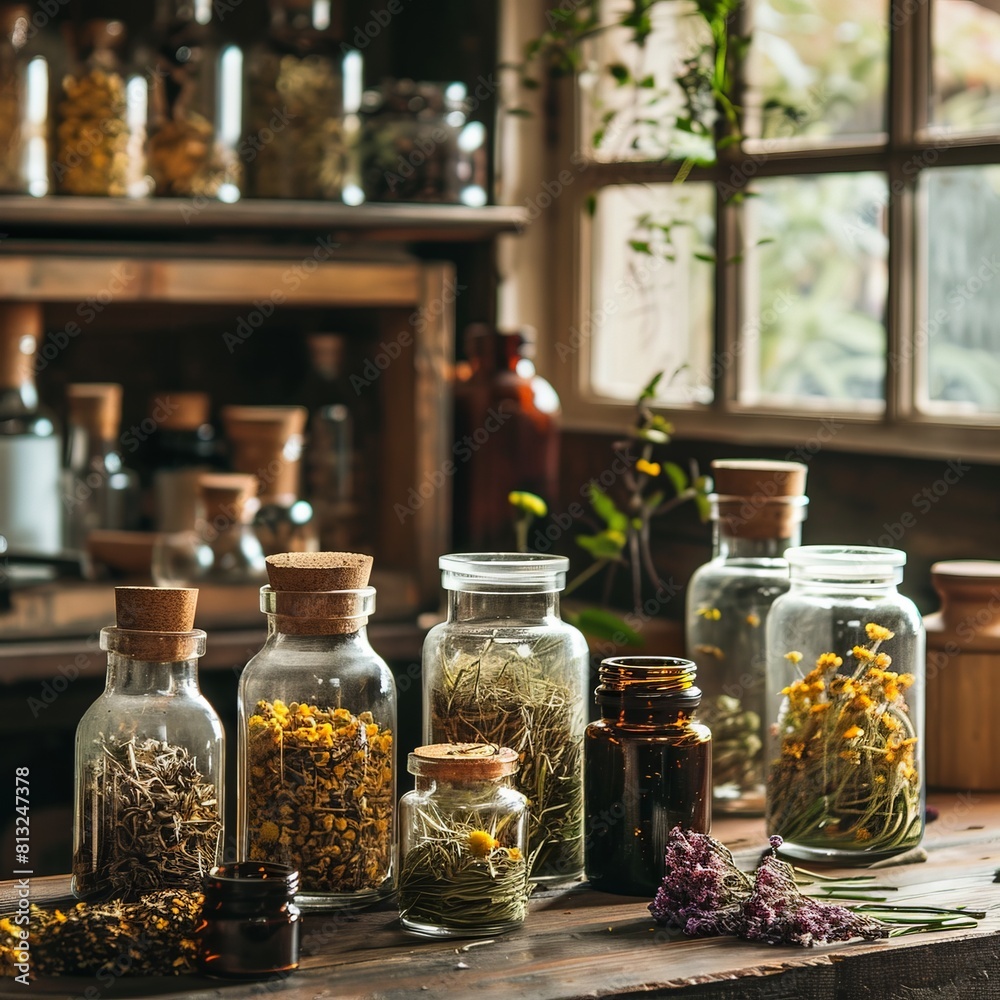 A table with many glass jars filled with herbs and flowers A table with many glass jars filled with herbs and flowers