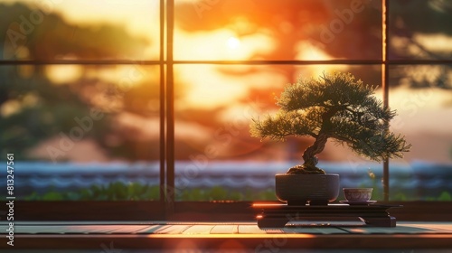 Japanese style room, bonsai tree on table, tatami mat and cup of tea, sunset light through window, blurred background, high resolution photography.