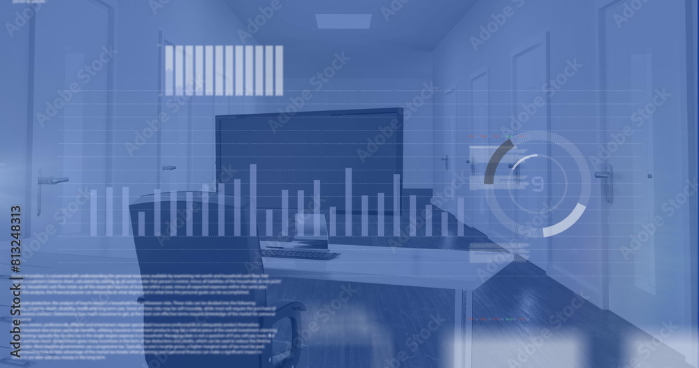 Naklejka premium Image of icons, graphs, trading board, loading circles, chair, desktop in office