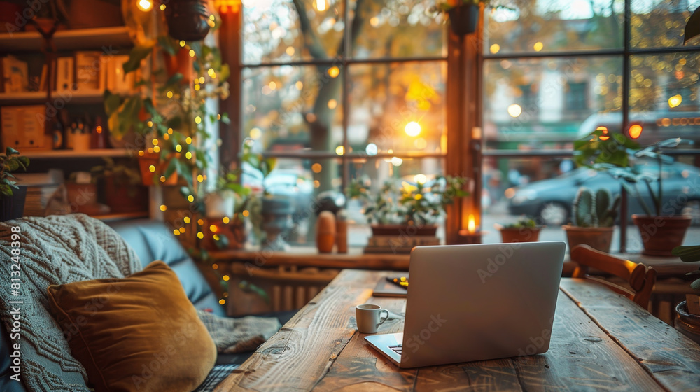 a warm cafe ambience featuring a laptop-working individual, exemplifying the digital nomad lifestyle a warm cafe ambience featuring a laptop-working individual, exemplifying the digital nomad lifestyle