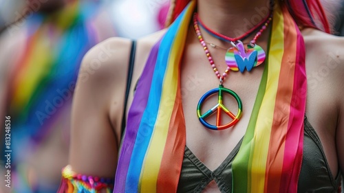Close-up of rainbow sash and peace sign necklace, symbols LGBTQ+ pride photo