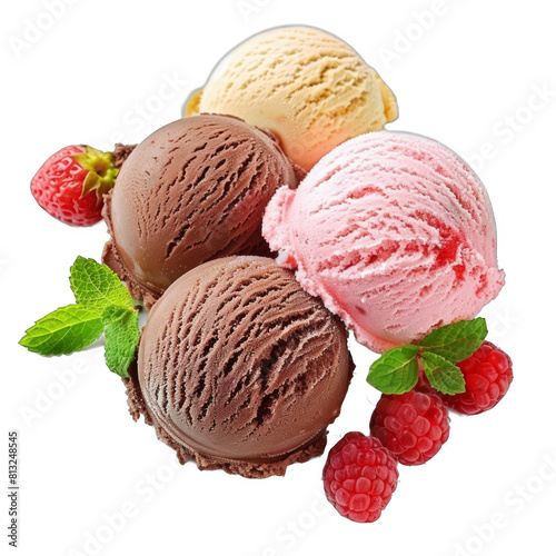 Delicious ice cream trio with stacked flavors. Tempting and indulgent dessert concept.