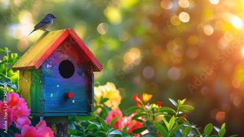 Colorful birdhouse amidst blooming flowers with bird perched on top in warm sunlight