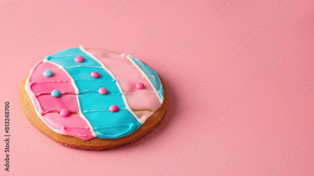 Decorated cookie with blue and pink icing on pastel background