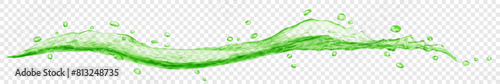 Long translucent curved water wave in green color, with small drops, isolated on transparent background. Transparency only in vector file