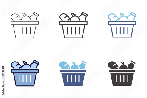 Grocery basket icon. Supermarket groceries food with bread, fruit and milk graphic element