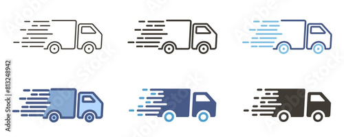 Fast Shipping service Icon with truck driving fast. Express delivery service courier