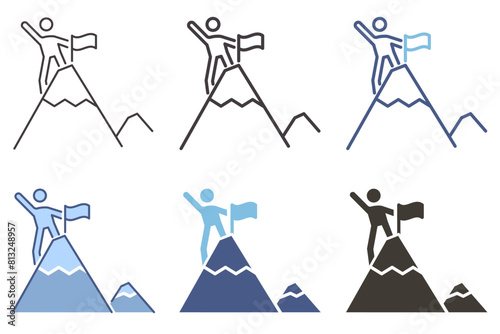 Person holding flag and waving on mountain top peak icon. Vector graphic elements for achievement, success, celebration