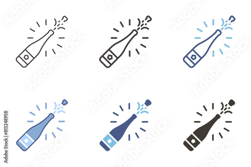 Opening bottle of champagne with cork bursting out icon. Vector graphic element for celebration