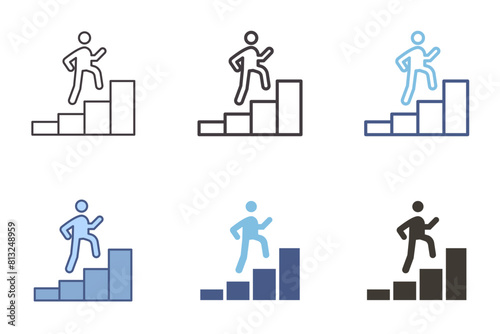 Person climbing stairs growth graph icon. Vector graphic elements for success, development, achievement