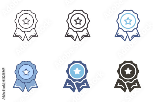Seal badge stamp with ribbon and star icon. Vector graphic element for quality certification, award, prize