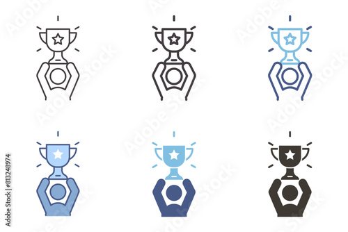 Winner person holding a trophy cup icon. Vector graphic elements for success, award, victory, achievement