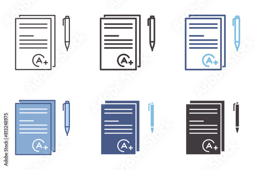 Grade A+ exam paper and pen icon. Vector graphic elements for success, results, excellent education photo