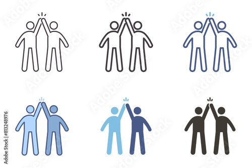 Two people greeting each other by giving high five icon. Vector graphic elements for teamwork, celebration, success, friendship