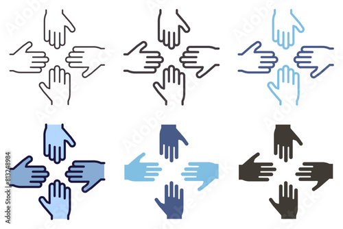 Four hands facing each other with open palms icon. Vector graphic element for collaboration, working together, teamwork, partnership and unity