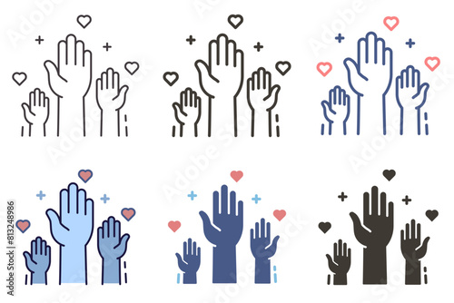 Raised helping volunteer hands icon. Vector graphic elements for volunteering, charity, voting, assistance