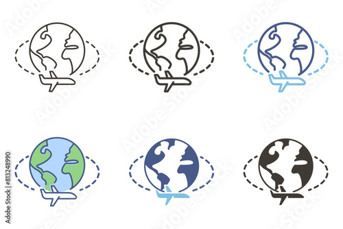 Airplane flying around the world earth globe icon. Plane vacations and holiday, business traveling vector graphic elements
