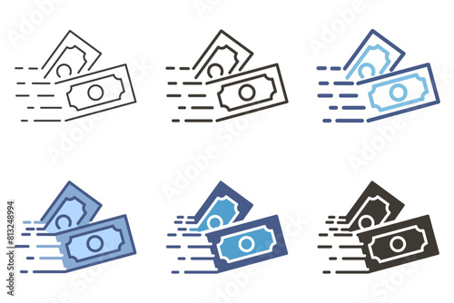 Money transfer payment, stack of money bills sent flying icon. Vector graphic elements for transactions