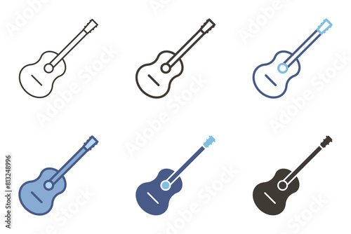 Acoustic guitar musical instrument icon. Vector graphic elements in flat, filled and unfilled outline, color and black and white