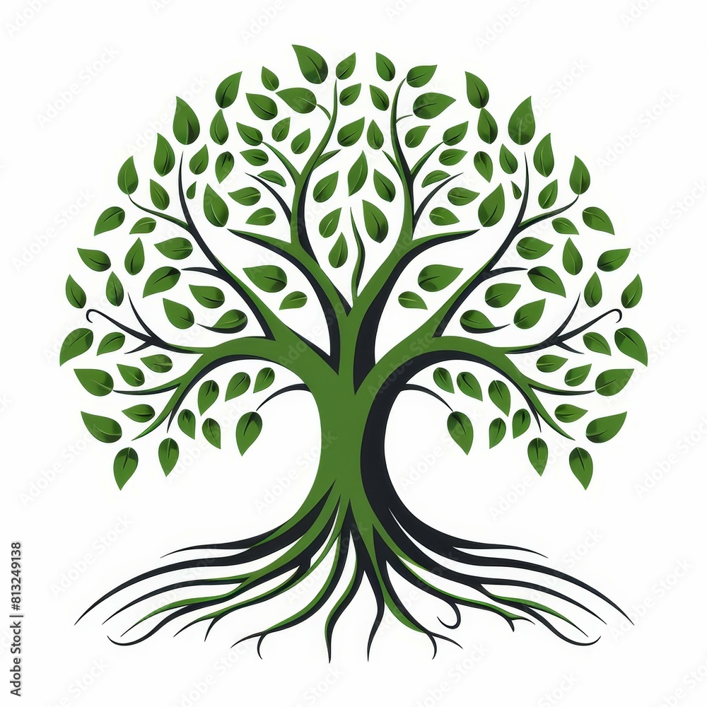 Obraz premium Vibrant green tree logo featuring both leaves and roots, Ai Generated
