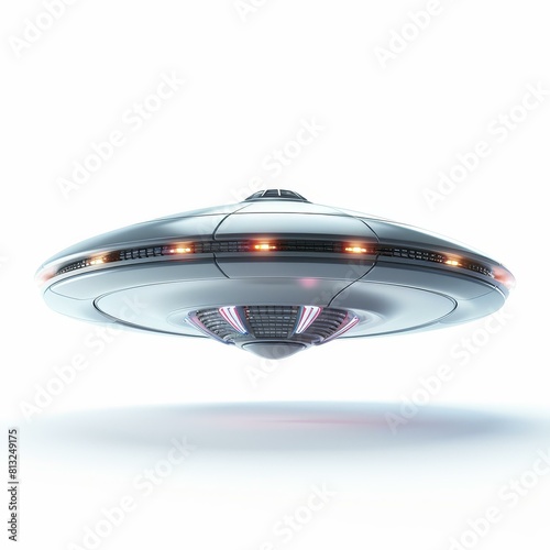 Mystical UFO spacecraft hovering, white backdrop, Ai Generated