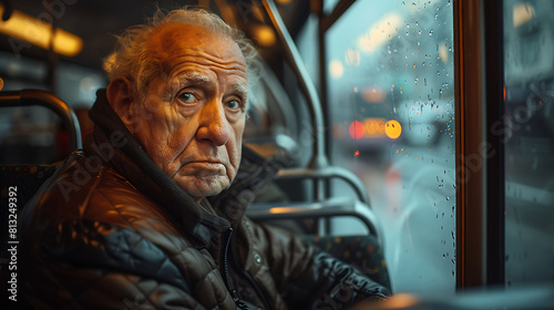 An elderly man is in a public transport bus sitting and looking through the window
